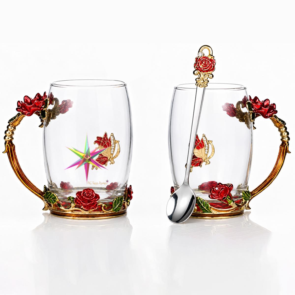 14OZ Enamel Flower Glass Mug With Spoon