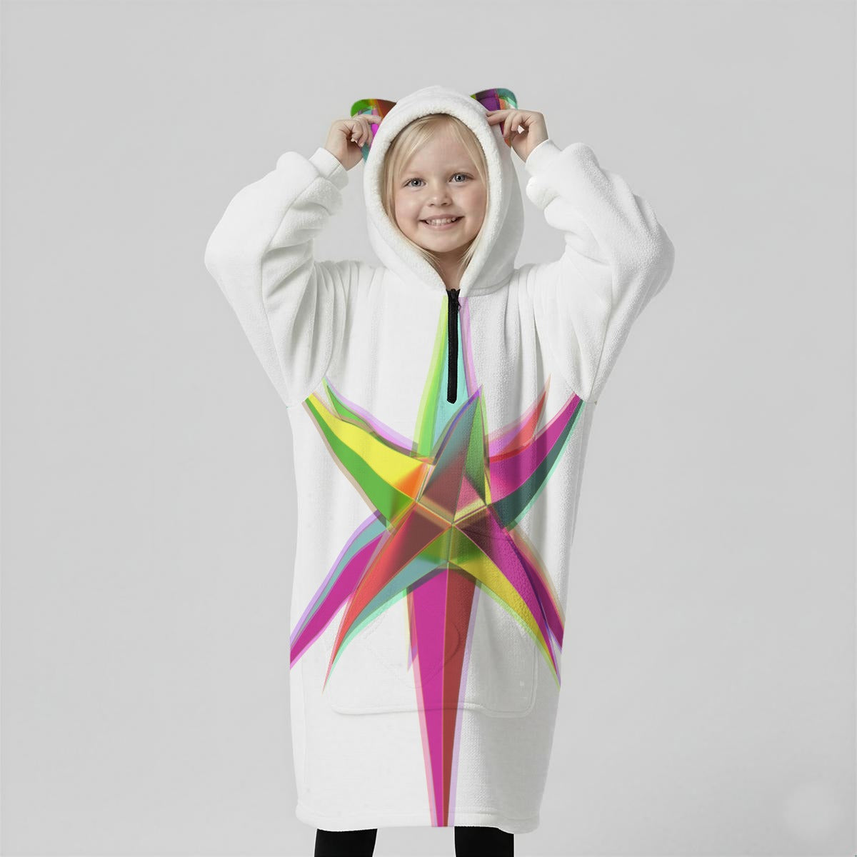 All-Over Print Kids Half-Zip Hooded Wearable Blanket with Ears