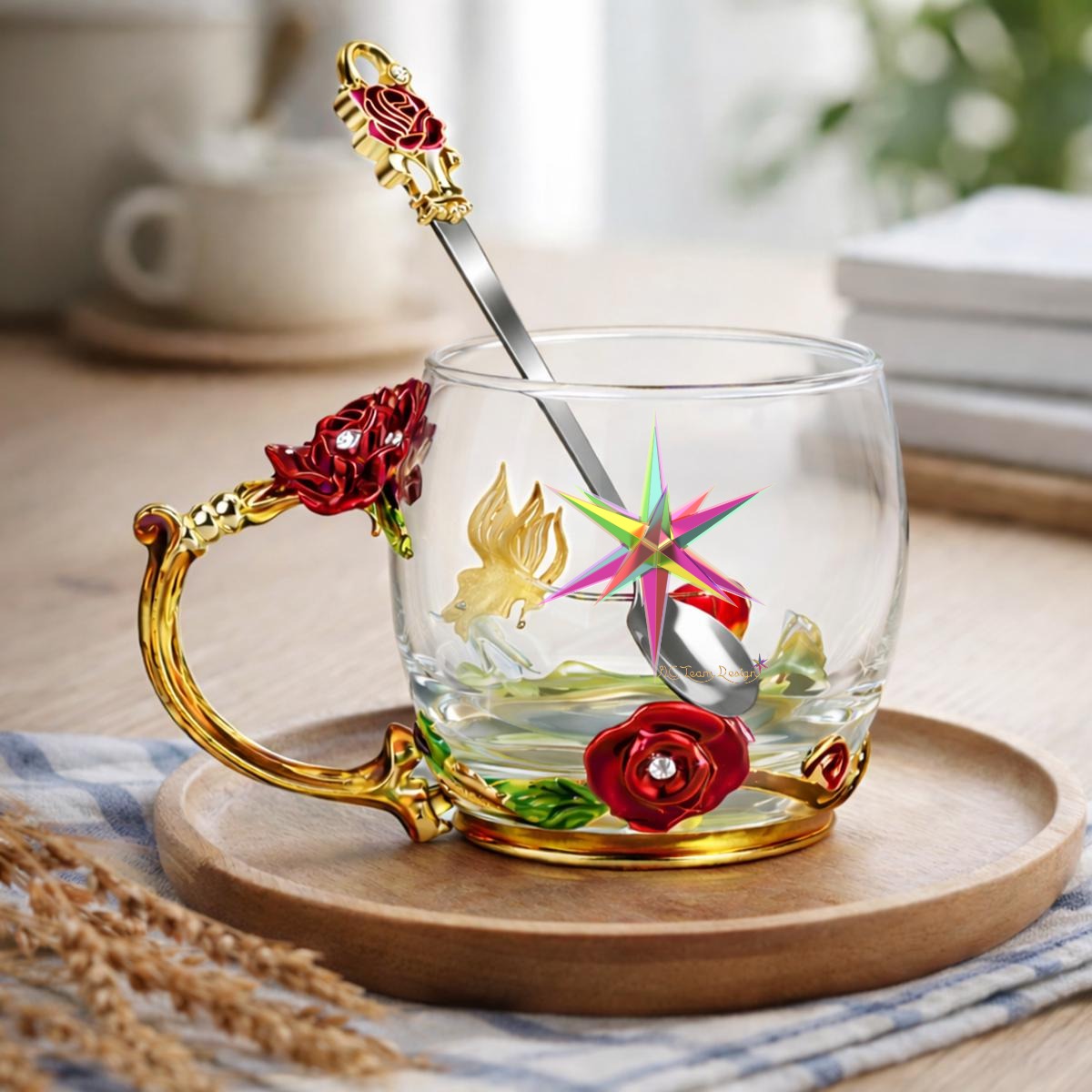 12OZ Enamel Floral Glass Mug With Spoon