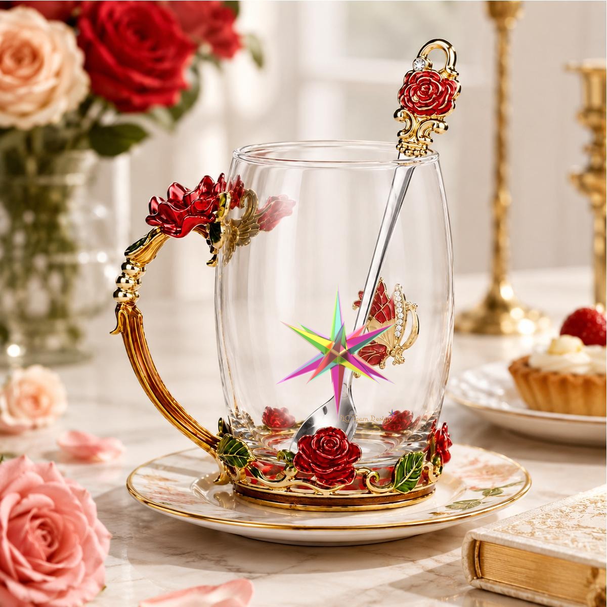 14OZ Enamel Flower Glass Mug With Spoon
