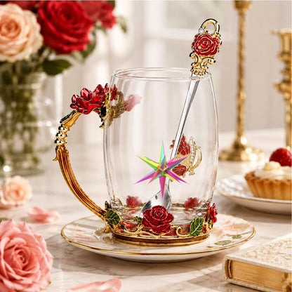 14OZ Enamel Flower Glass Mug With Spoon