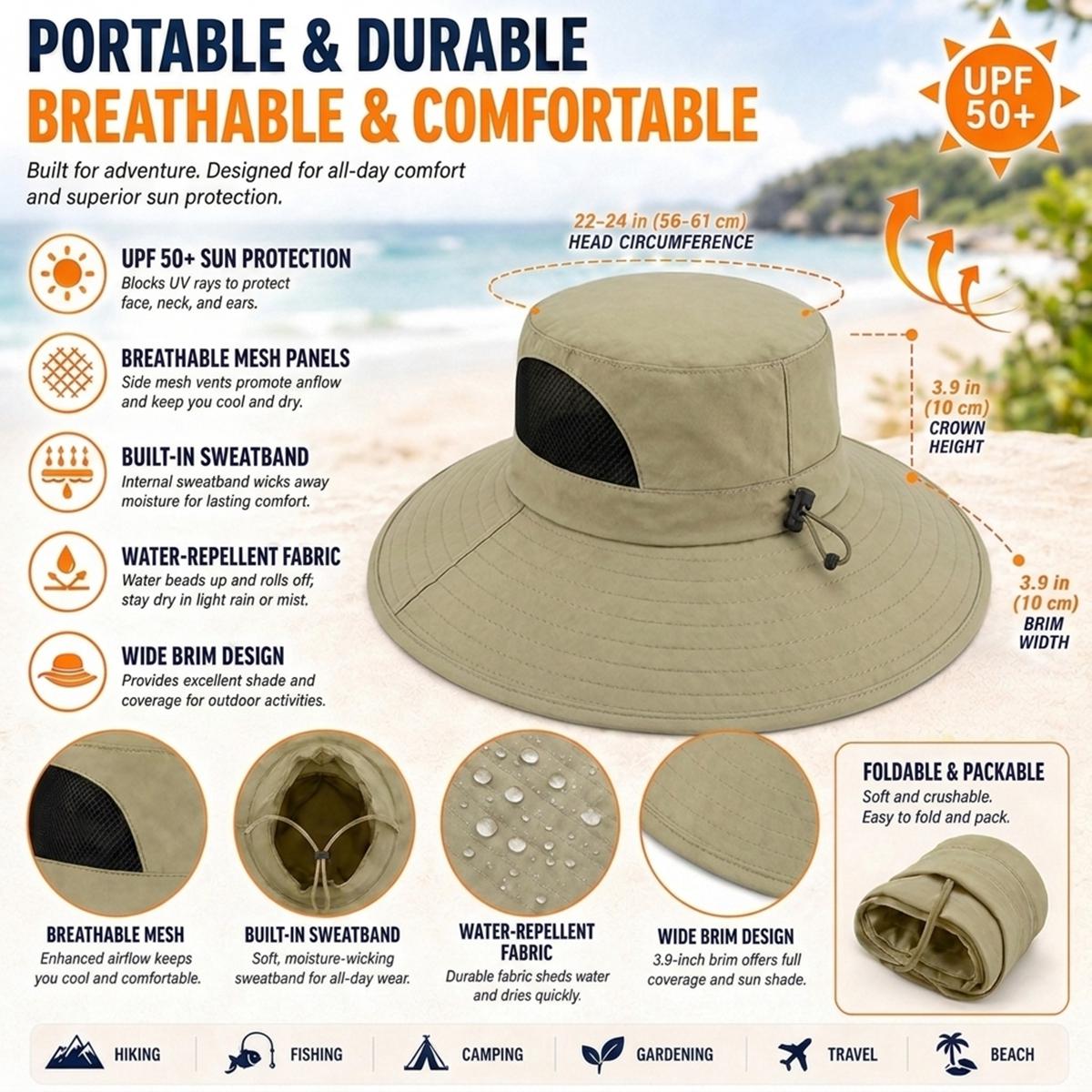 UPF 50+ Wide Brim Outdoor Sun Hat