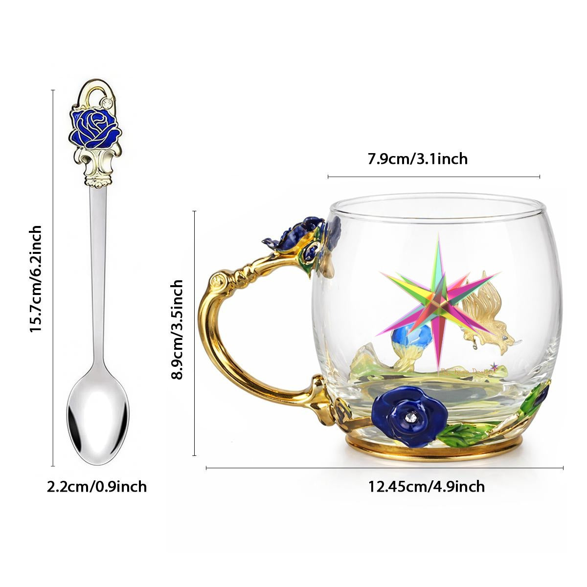 12OZ Enamel Floral Glass Mug With Spoon
