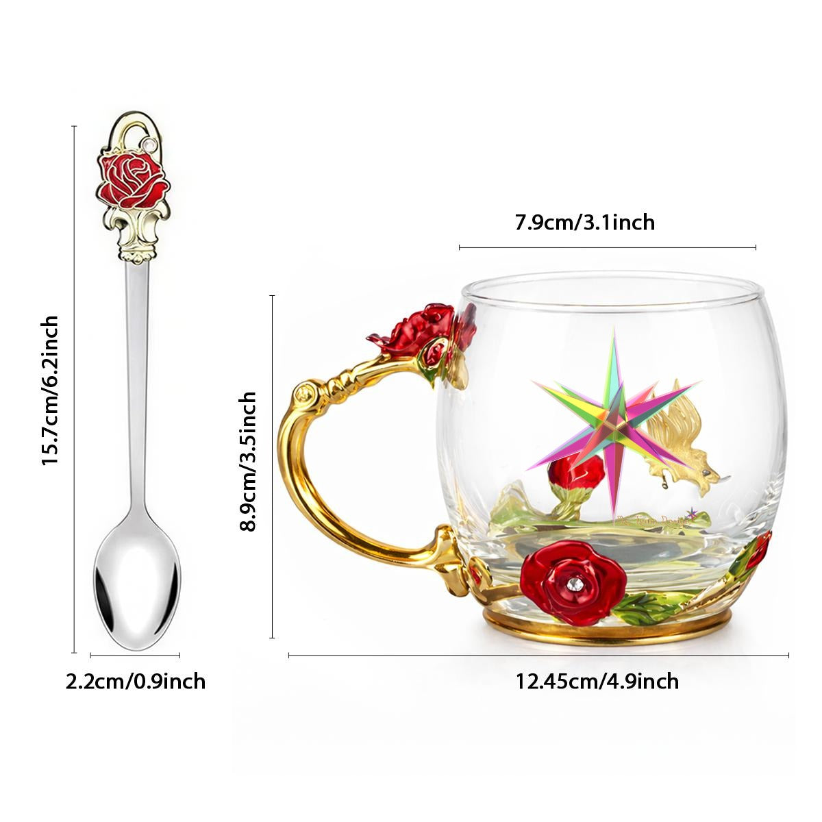 12OZ Enamel Floral Glass Mug With Spoon