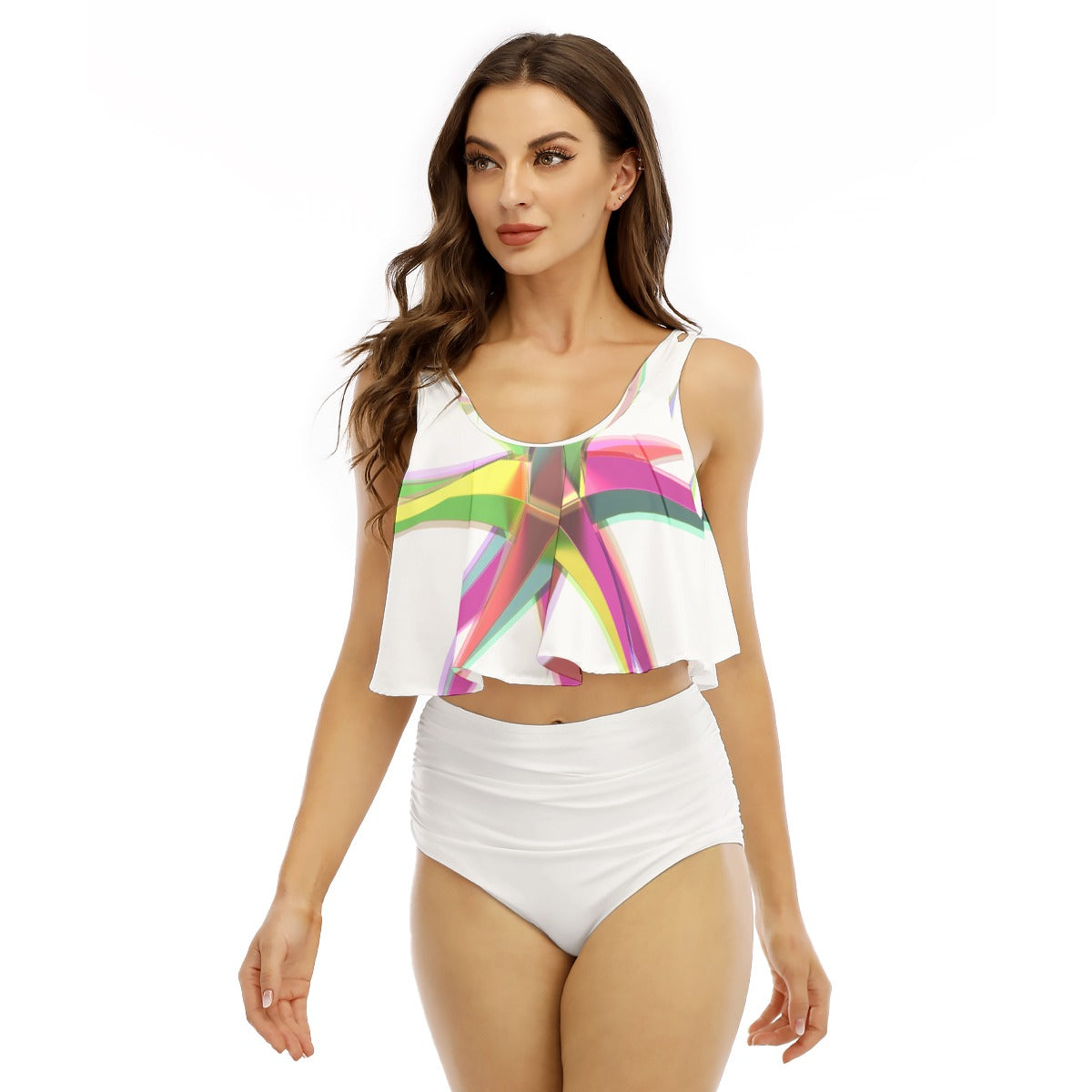 All-Over Print Women's Ruffled Vest Bikini Swimsuit