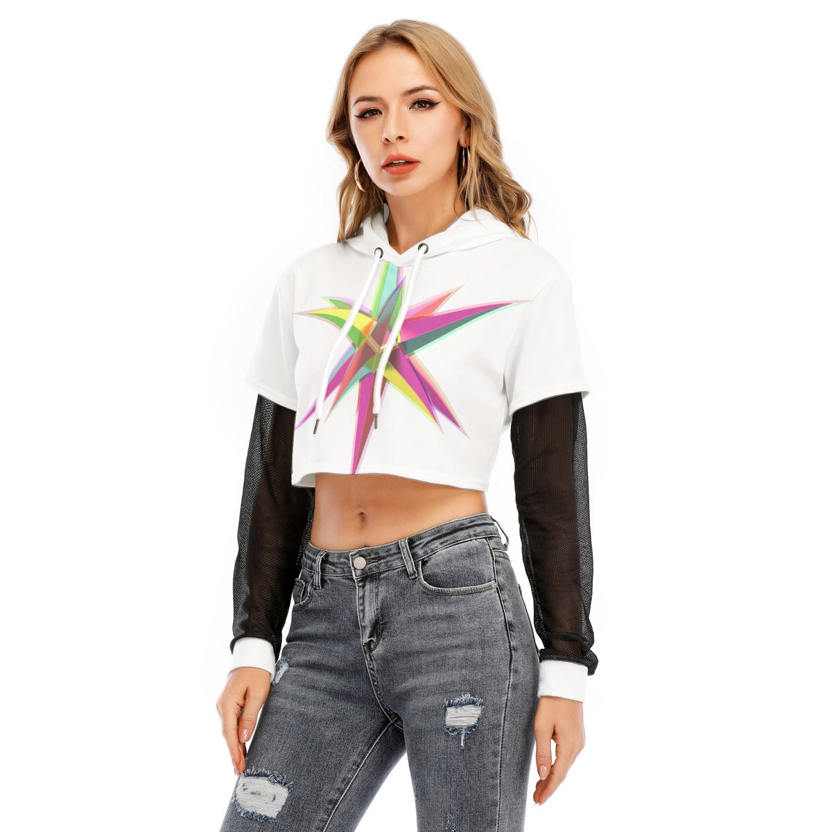 All-Over Print Women's Fake Two-piece Mesh Sleeve Cropped Hoodie