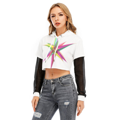 All-Over Print Women's Fake Two-piece Mesh Sleeve Cropped Hoodie