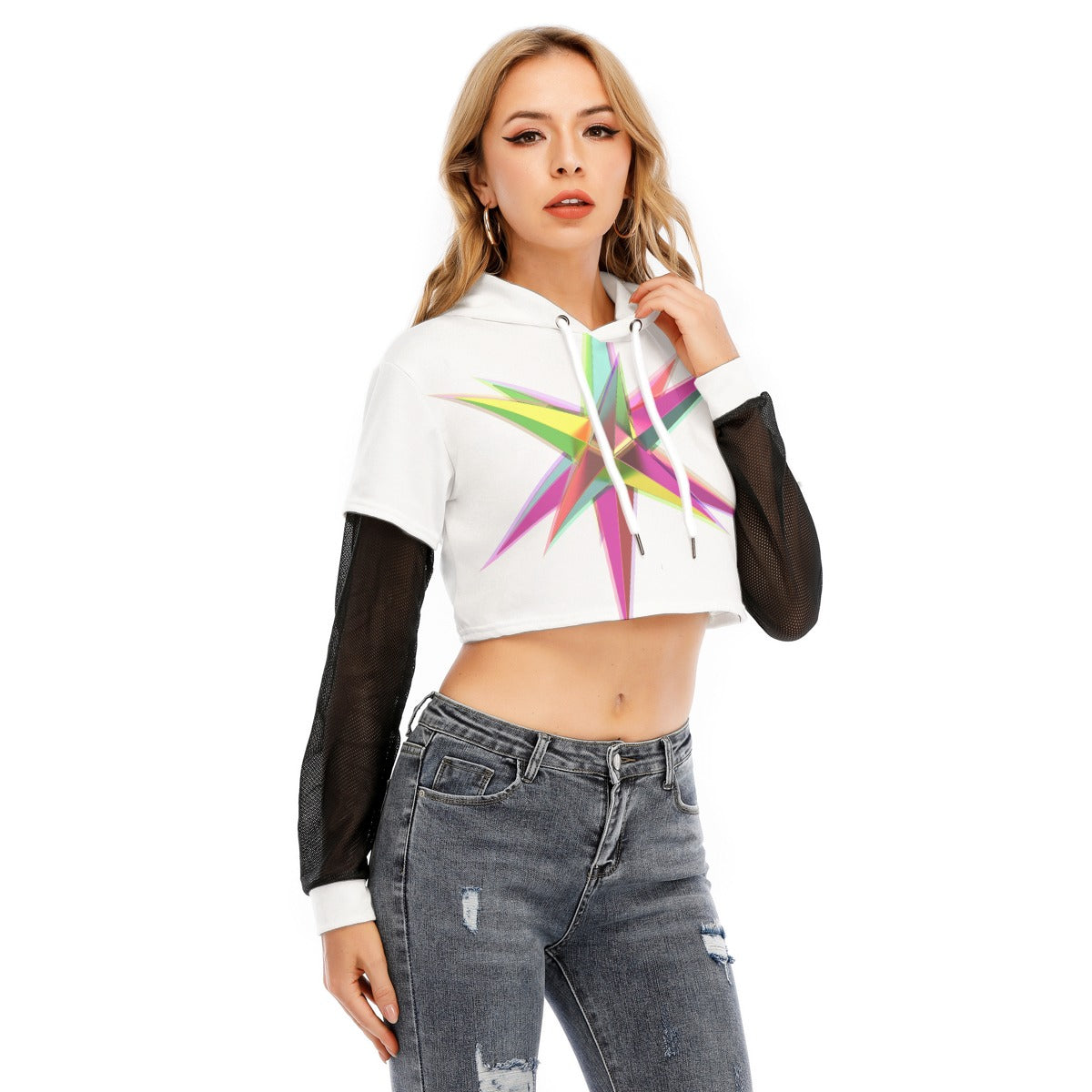 All-Over Print Women's Fake Two-piece Mesh Sleeve Cropped Hoodie