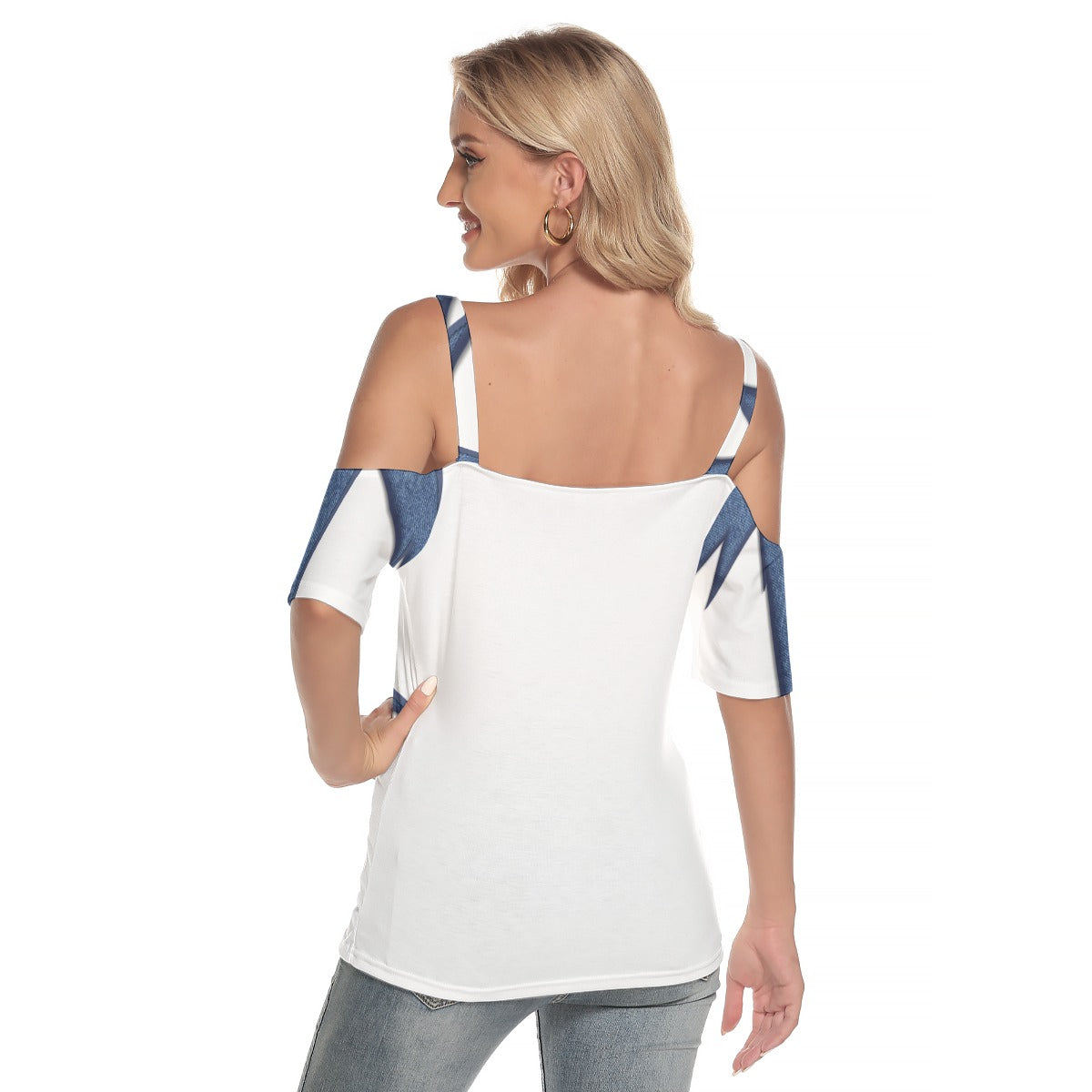All-Over Print Women's Cold Shoulder T-shirt With Criss Cross Strips