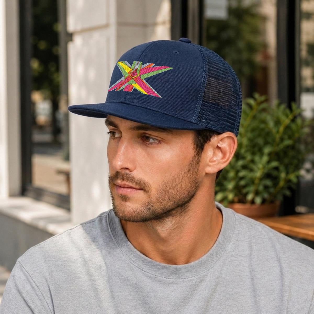 Embroidery Flat-Brim Mesh Cap