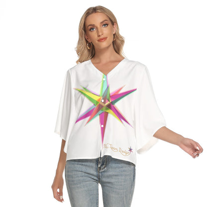 All-Over Print Women's Bat Sleeve Light V-neck Front Buttoned Top