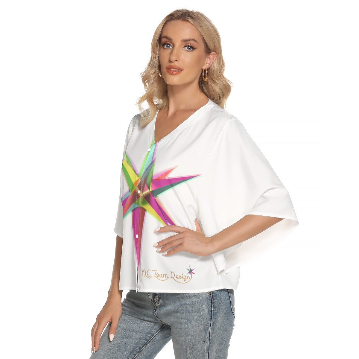 All-Over Print Women's Bat Sleeve Light V-neck Front Buttoned Top