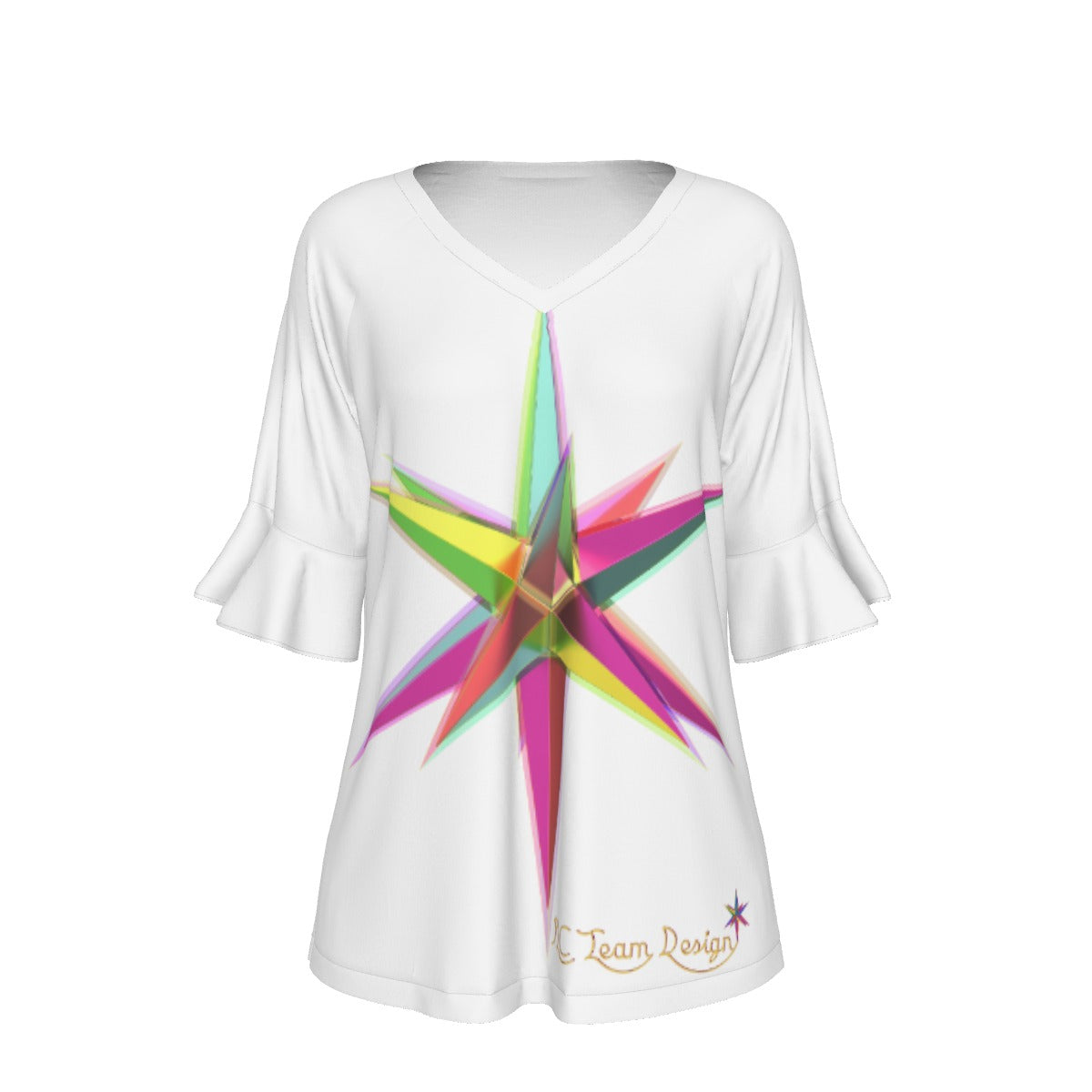 All-Over Print V-neck Women's T-shirt With Bell Sleeve