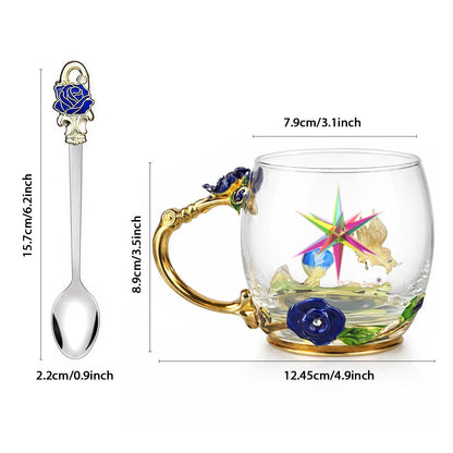 12OZ Enamel Floral Glass Mug With Spoon