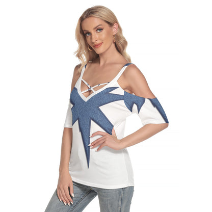 All-Over Print Women's Cold Shoulder T-shirt With Criss Cross Strips
