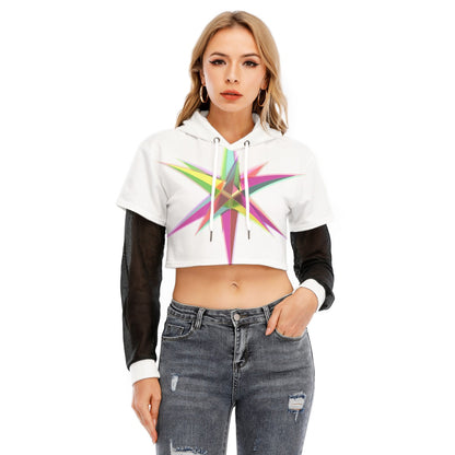 All-Over Print Women's Fake Two-piece Mesh Sleeve Cropped Hoodie