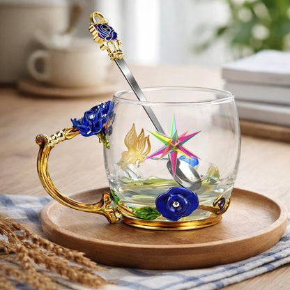 12OZ Enamel Floral Glass Mug With Spoon
