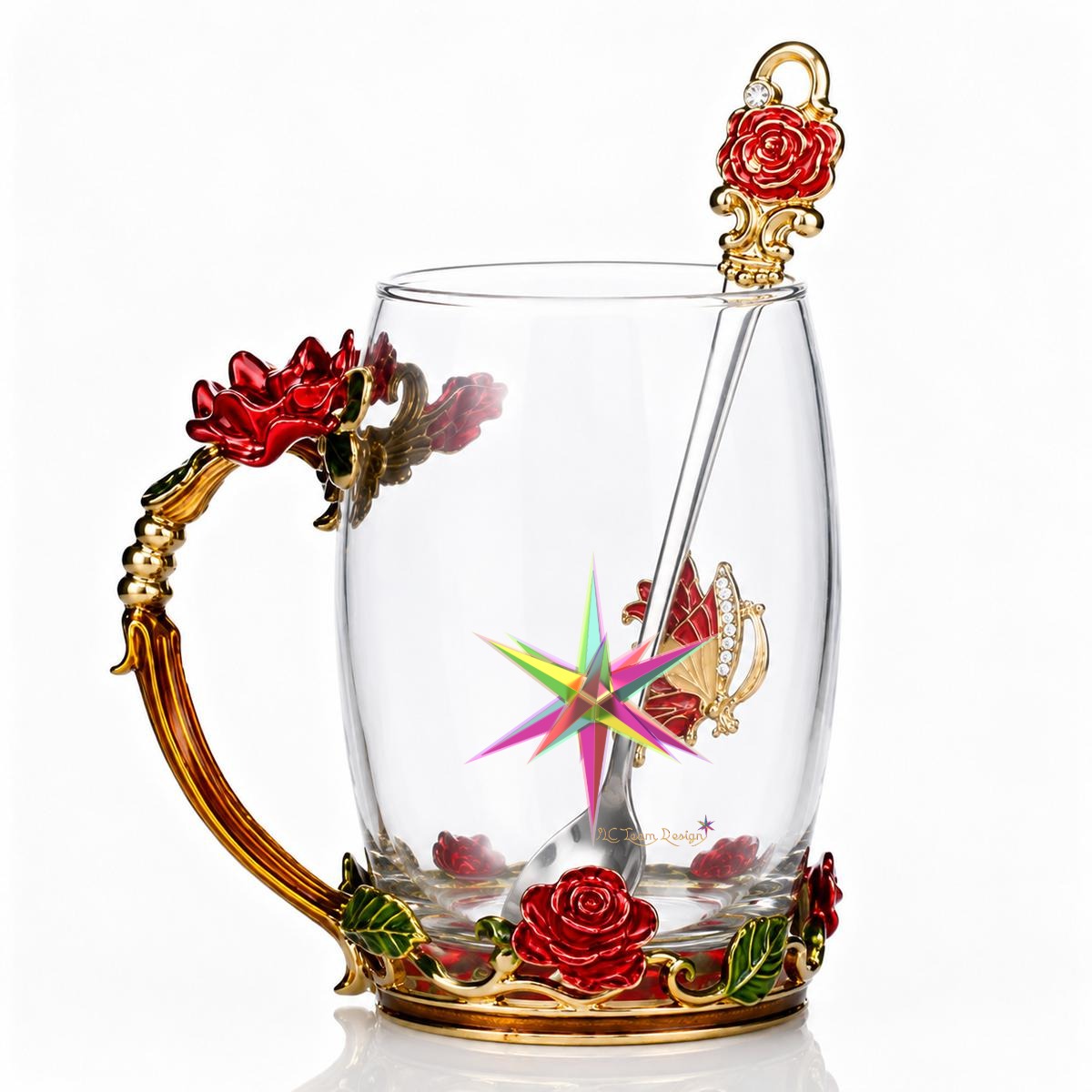 14OZ Enamel Flower Glass Mug With Spoon