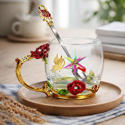 12OZ Enamel Floral Glass Mug With Spoon