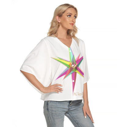 All-Over Print Women's Bat Sleeve Light V-neck Front Buttoned Top