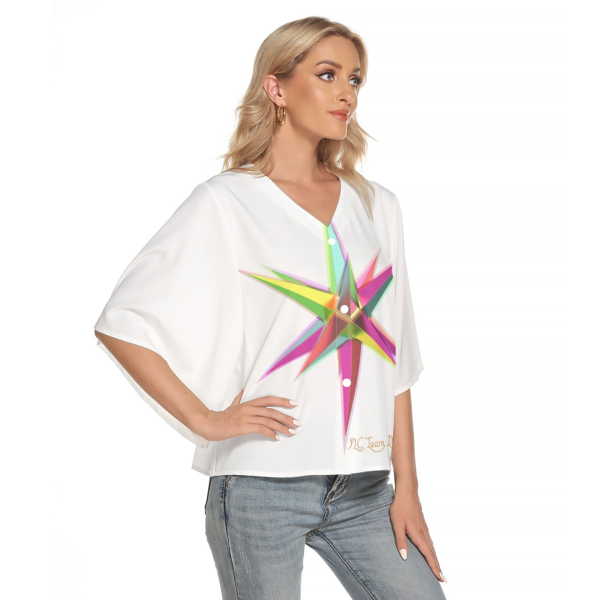 All-Over Print Women's Bat Sleeve Light V-neck Front Buttoned Top