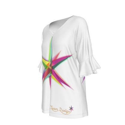All-Over Print V-neck Women's T-shirt With Bell Sleeve