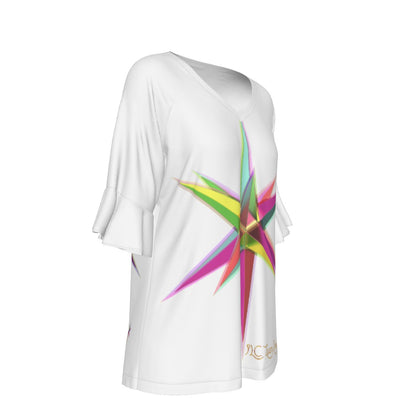 All-Over Print V-neck Women's T-shirt With Bell Sleeve
