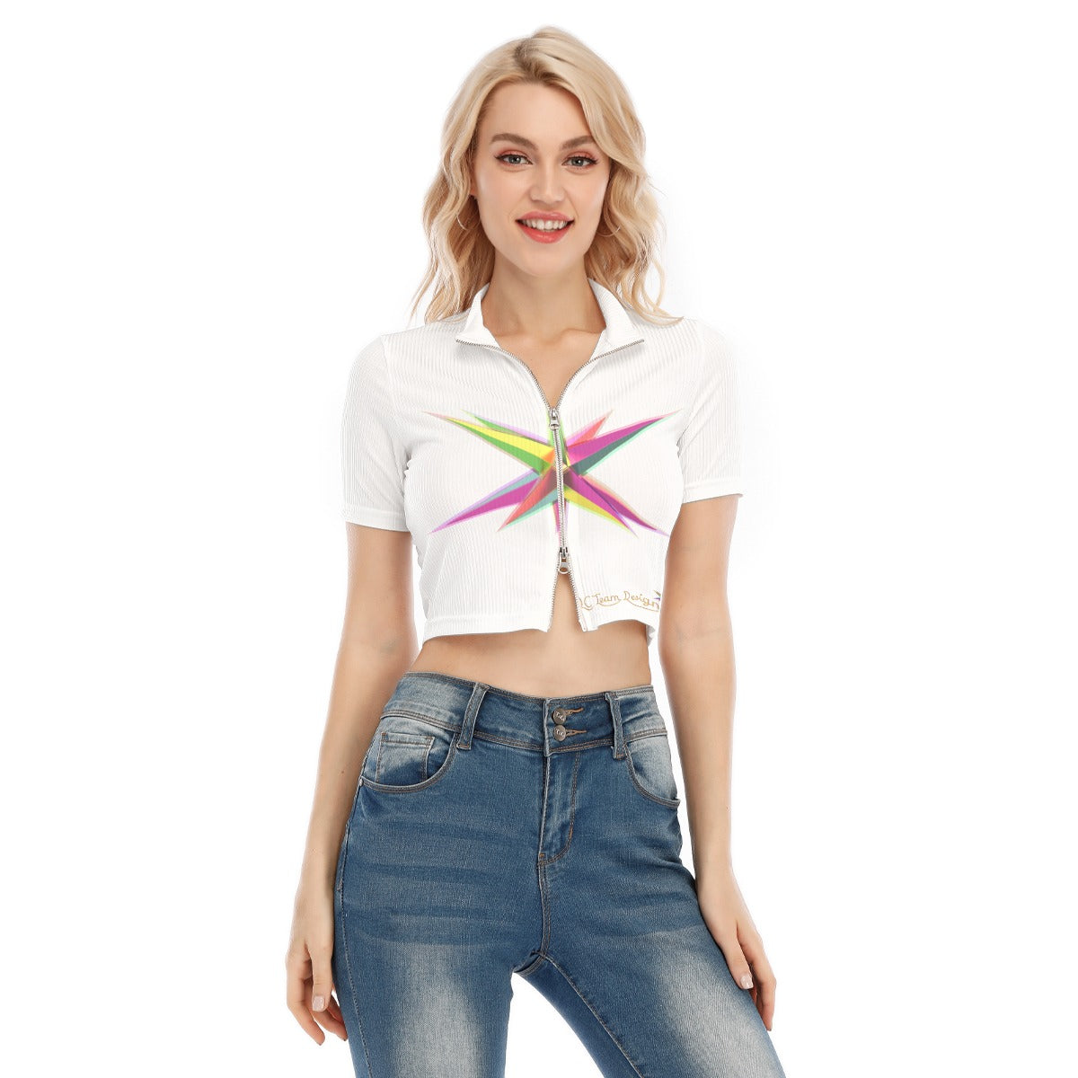 All-Over Print Women's Short Sleeve T-shirt With Two-way Zipper